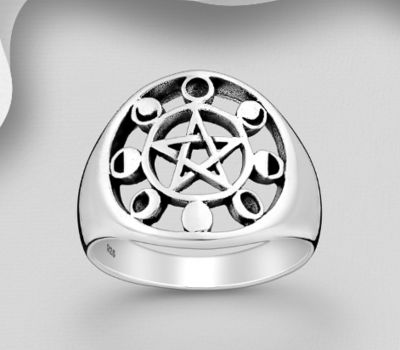 925 Sterling Silver Oxidized Lunar Phases and Star Ring