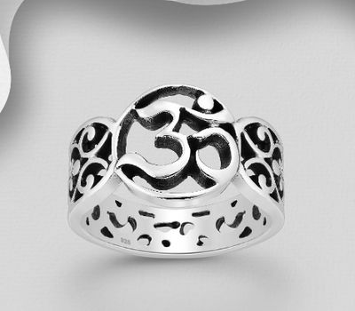 925 Sterling Silver Oxidized Om Sign and Swirl Ring