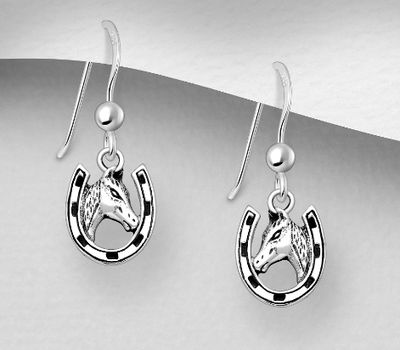 925 Sterling Silver Oxidized Horse and Horseshoe Hook Earrings