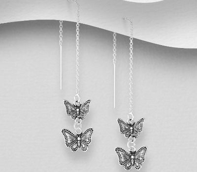 925 Sterling Silver Oxidized Butterfly Threader Earrings