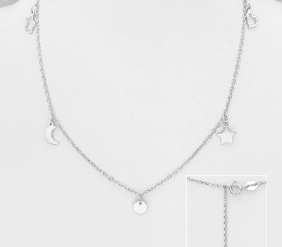 925 Sterling Silver Circle Necklace, Featuring Moon, Star and Heart Design