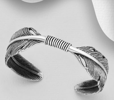 925 Sterling Silver Oxidized Feather Cuff Bracelet