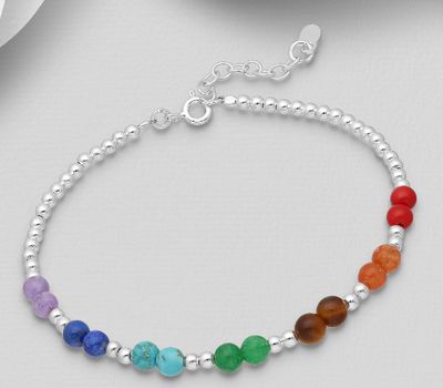 925 Sterling Silver Chakra and Ball Bracelet, Beaded with Amethyst, Carnelian, Green Aventurine, Lapis Lazuli, Reconstructed Sky Blue Turquoise, Tiger Eye and Red Resin, Bead Colors may Vary.