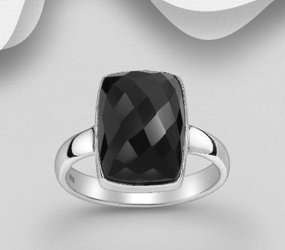 925 Sterling Silver Rectangle Ring, Decorated with Onyx