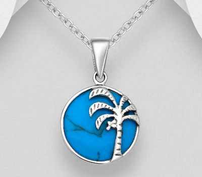 925 Sterling Silver Coconut Tree Pendant, Decorated with Reconstructed Turquoise or Resin