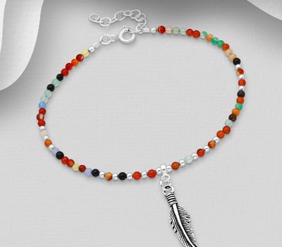 925 Sterling Silver Feather Bracelet, Beaded with Various Gemstones