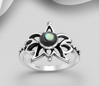 925 Sterling Silver Oxidized Lotus Ring, Decorated with Shell