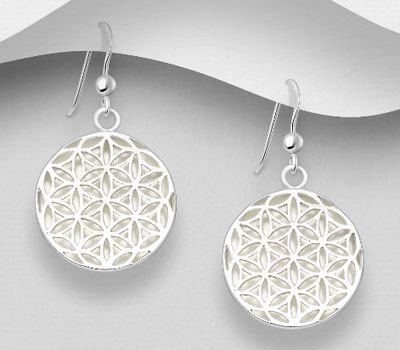 925 Sterling Silver Flower of Life Hook Earrings Decorated With Shell