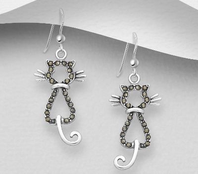 925 Sterling Silver Cat Hook Earrings Decorated With Marcasite