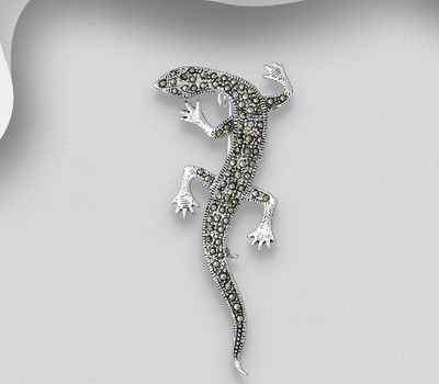 925 Sterling Silver Gecko Lizard Brooch, Decorated with Marcasite