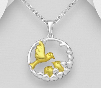 925 Sterling Silver Birds Pendant, Plated with 1 Micron Yellow Gold