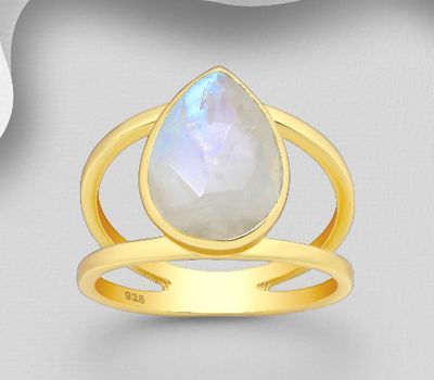 Desire by 7K - 925 Sterling Silver Solitaire Ring, Decorated with Droplet Rainbow Moonstone, Plated with 0.3 Micron 18K Yellow Gold