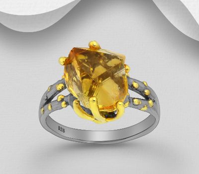 ADIORE JEWELS - 925 Sterling Silver Ring, Decorated with Citrine, Plated with 3 Micron 22K Yellow Gold and Grey Ruthenium