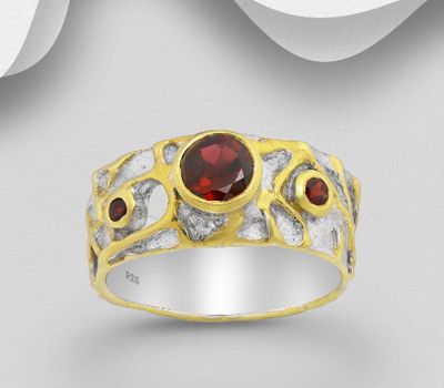 ADIORE JEWELS - 925 Sterling Silver Band Ring, Decorated with Garnet, Plated with 3 Micron 22K Yellow Gold
