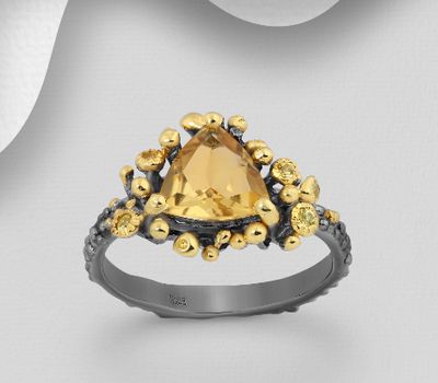 ADIORE JEWELS - 925 Sterling Silver Ring Decorated with Yellow Sapphires and Citrine, Plated with 3 Micron 22K Yellow Gold and Grey Ruthenium
