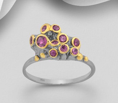 ADIORE JEWELS - 925 Sterling Silver Ring, Decorated with Rhodolites, Plated with 3 Micron 22K Yellow Gold and Grey Ruthenium.