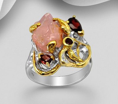 ADIORE JEWELS - 925 Sterling Silver Ring, Decorated with Garnet and Rose Quartz, Plated with 3 Micron 22K Yellow Gold and White Rhodium