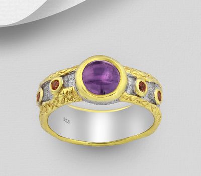 ADIORE JEWELS - 925 Sterling Silver Ring Decorated with Orange Sapphires and Amethyst, Plated with 3 Micron 22K Yellow Gold and White Rhodium