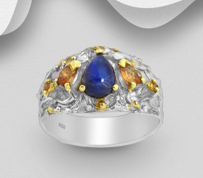 ADIORE JEWELS - 925 Sterling Silver Ring, Decorated with Orange Sapphires and Spectrolite, Plated with 3 Micron 22K Yellow Gold and White Rhodium