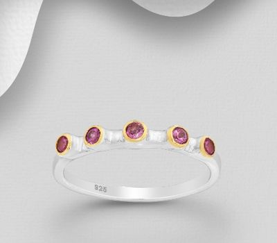ADIORE JEWELS - 925 Sterling Silver Band Ring, Decorated with Rodolites, Plated with 3 Micron 22K Yellow Gold and White Rhodium