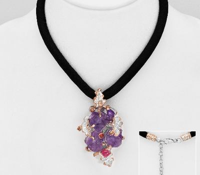 ADIORE JEWELS - 925 Sterling Silver Leaf Pendant with Cotton Filled Silk Cord Strap, Decorated with Amethyst, Orange Sapphires, Red Sapphire and Ruby, Plated with 3 Micron 22K Pink Gold and White Rhodium