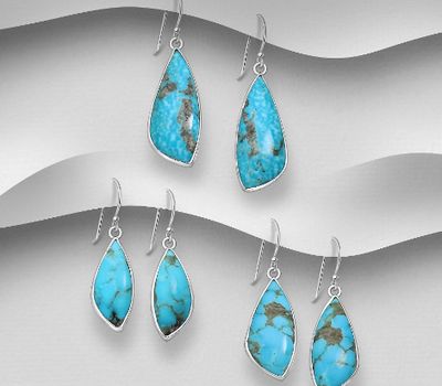 JEWELLED - 925 Sterling Silver Hook Earrings, Decorated with with Turquoise. Handmade. Design, Shape and Size Will Vary