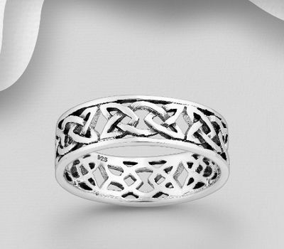 925 Sterling Silver Oxidized Celtic Band Ring, 7.5 mm Wide.