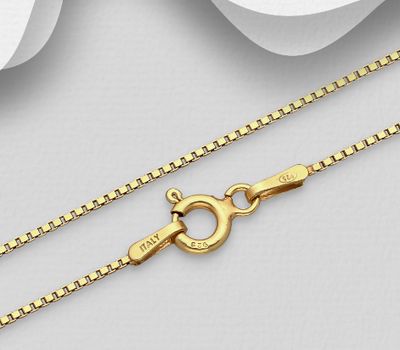 ITALIAN DELIGHT – 925 Sterling Silver Box Chain, Plated with 0.25 Micron 18K Yellow Gold, 1 mm Wide, Made in Italy.