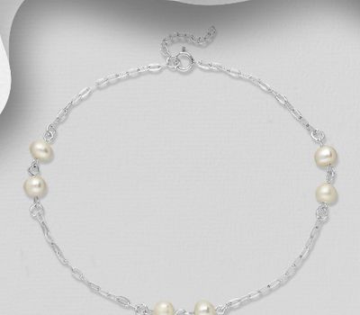 925 Sterling Silver Anklet, Beaded with Freshwater Pearls