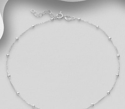 ITALIAN DELIGHT - 925 Sterling Silver Ball Anklet, 2 mm Wide, Made in Italy.
