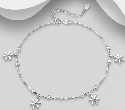 ITALIAN DELIGHT - 925 Sterling Silver Ball & Flower Anklet, Made in Italy.