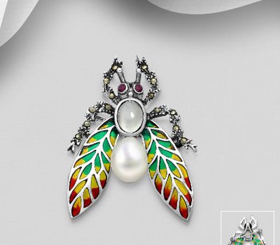 925 Sterling Silver Bee Brooch and Pendant, Decorated with Colored Enamel, Freshwater Peal, Marcasite, Ruby and Moonstone