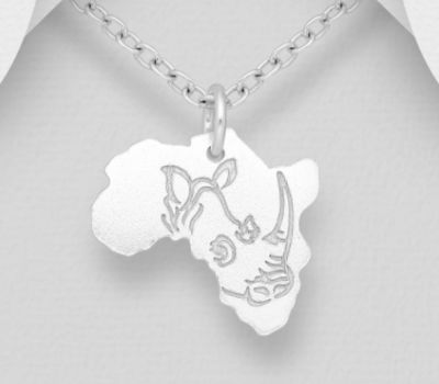 925 Sterling Silver Africa Map Pendant, Featuring Engraved Rhinoceros