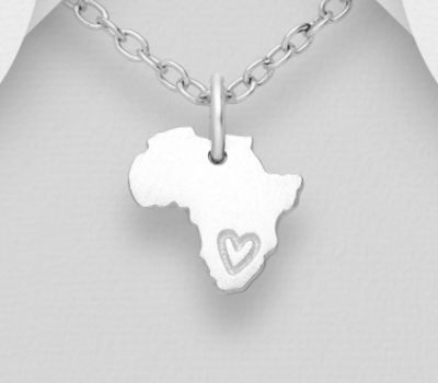 925 Sterling Silver Africa Map Pendant with Engraved Heart