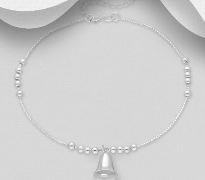 ITALIAN DELIGHT - 925 Sterling Silver Bell Anklet, Chain Width is 3 mm Wide, Made in Italy.