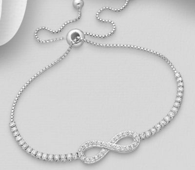 925 Sterling Silver Adjustable Infinity Bracelet Decorated with CZ Simulated Diamonds