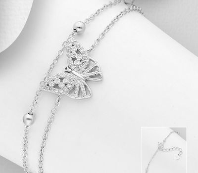 925 Sterling Silver Ball and Butterfly Bracelet, Decorated with CZ Simulated Diamonds