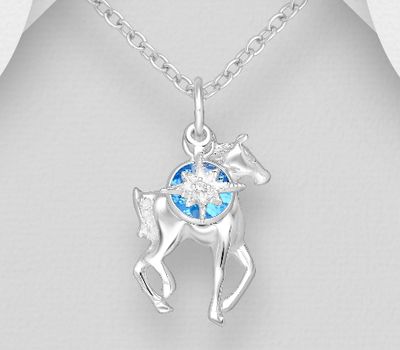 925 Sterling Silver Pendant Featuring Horse and Star, Decorated with CZ Simulated Diamonds