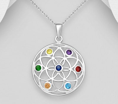 925 Sterling Silver Chakra Pendant, Decorated with Colorful CZ Simulated Diamonds