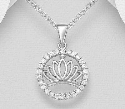 925 Sterling Silver Lotus Pendant, Decorated with CZ Simulated Diamonds