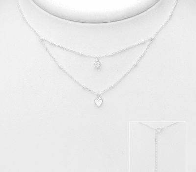 925 Sterling Silver Heart and Star Layered Choker, Decorated with CZ Simulated Diamond