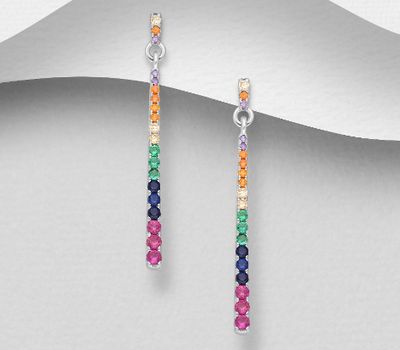925 Sterling Silver Bar Push-Back Earrings, Decorated with Gradient Color CZ Simulated Diamonds
