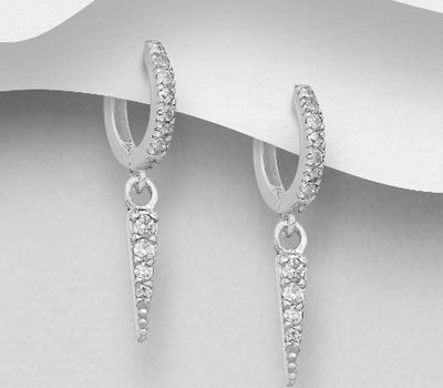 925 Sterling Silver Triangle Hoop Earrings, Decorated with CZ simulated Diamonds