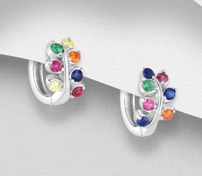 925 Sterling Silver Leaf Hoop Earrings, Decorated with Colorful CZ Simulated Diamonds, Colors may vary