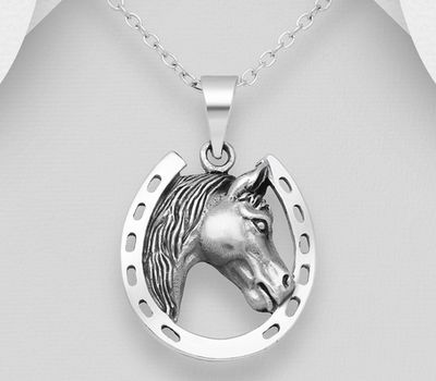925 Sterling Silver Oxidized Horse and Horseshoe Pendant