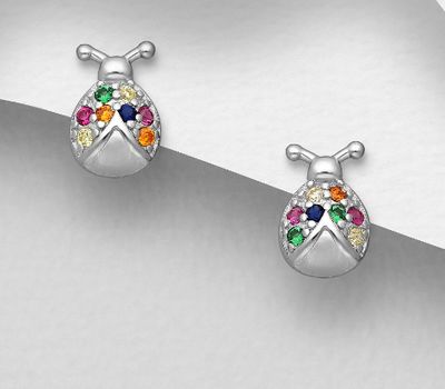 925 Sterling Silver Ladybug Push-Back Earrings, Decorated with CZ Simulated Diamonds