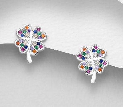 925 Sterling Silver Shamrock Push-Back Earrings, Decorated with Colorful CZ Simulated Diamonds