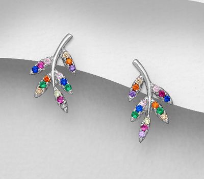 925 Sterling Silver Leaf Push-Back Earrings, Decorated with Colorful CZ Simulated Diamonds, CZ Simulated Diamond Colors may Vary.