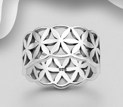 925 Sterling Silver Oxidized Flower Of Life Band Ring, 10 mm Wide.