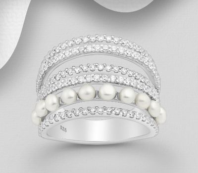 925 Sterling Silver Layered Ring, Decorated with Freshwater Pearls and CZ Simulated Diamonds